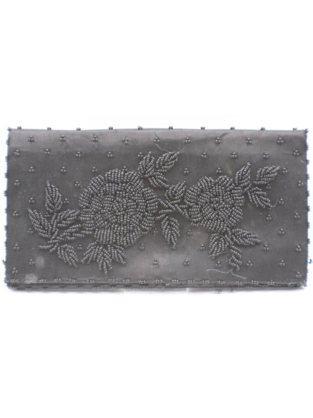 Vintage Black Beaded Floral Evening Clutch Embellished Design Satin Finish Flaws